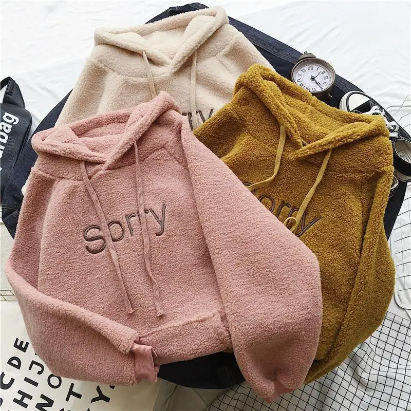 Winter Thicken Coat Keep Warm Hooded Sorry Print Harajuku Loose Pocket Hoodies Womens Fleece Flannel Pullover Female Sweatshirt