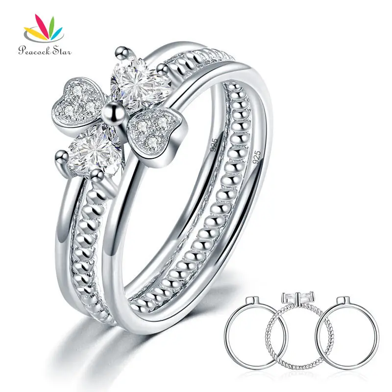 Peacock Star Solid 925 Sterling Silver Ring Set 3-Pcs Heart Love Jewelry New Design 2023 CFR8299