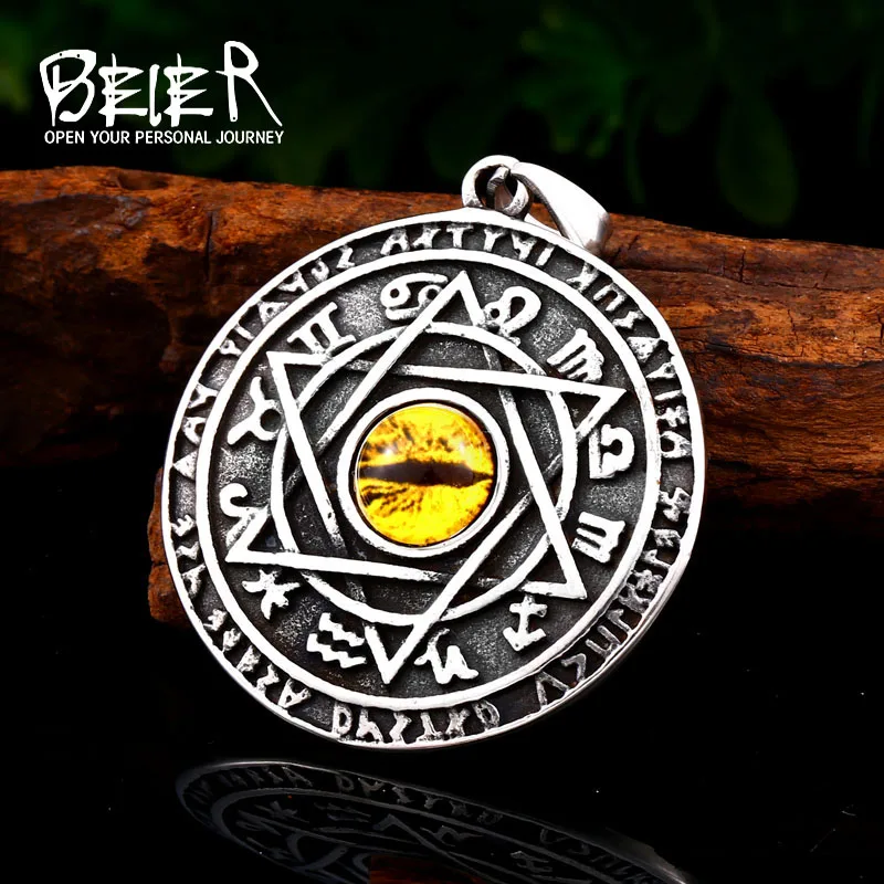 Beier Stainless Steel Viking Charm Six-Pointed Star Men's Pendant Necklace Yellow Stone Demon Eye Jewelry LLBP8-440P