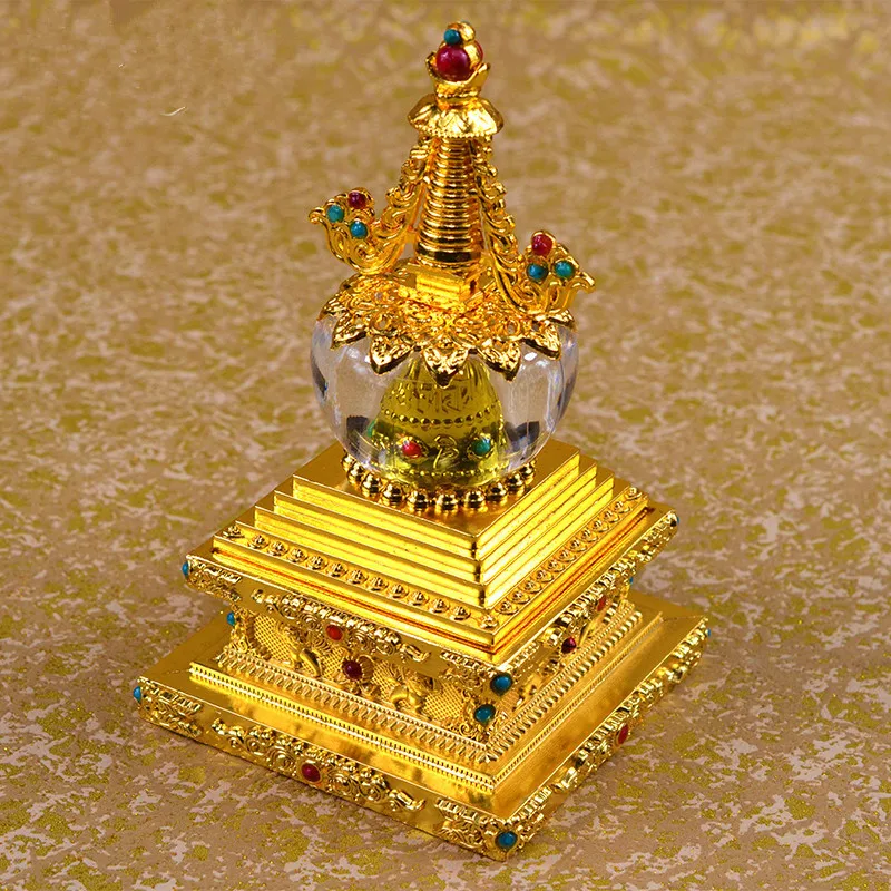 

14cm Alloy Metal Bodhi Stupa Tower,Mini Prayer Wheel,Solar Energy Auto Pagodas Six Words Mantra Decorations