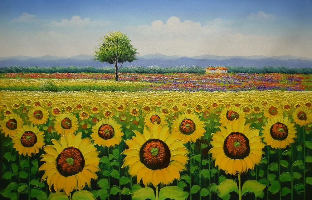 

Hand Painted Canvas Painting Beautiful Flower Oil Painting Modern Sunflower Farm Landscape Wall Picture Painting for Living Room