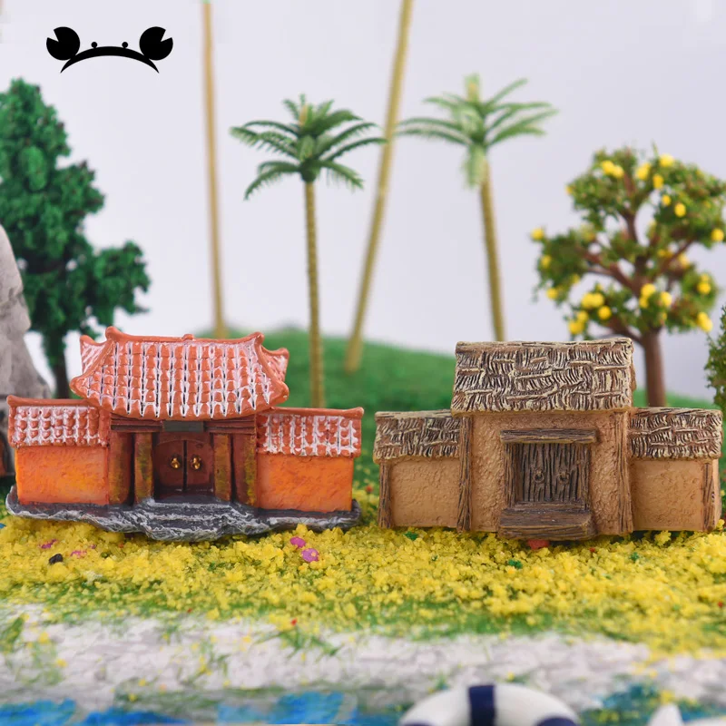 2pcs Small House Villa Cottage Resin Craft Ornament Miniature Figurines Doll House Scenery Decoration Garden Building Landscape