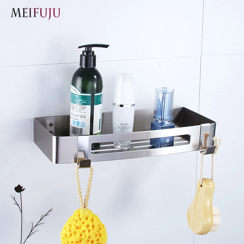 Brushed Bathroom Shelves Single Dual Triple Tier Bathroom Corner Shelf Shower Stainless Steel Bathroom Shelf  hooks Wall Mounted