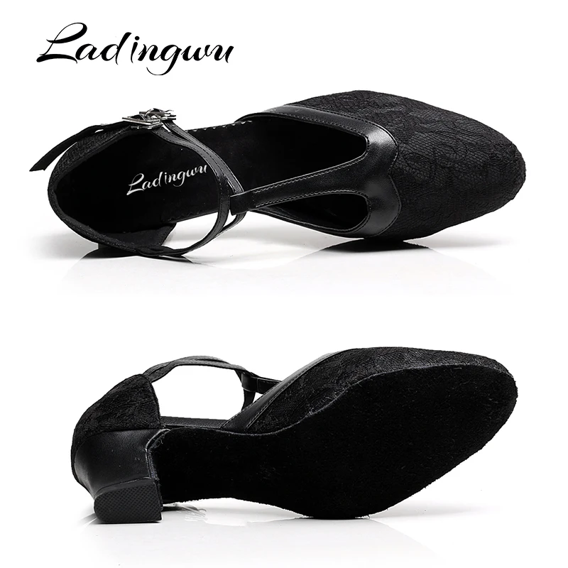 Ladingwu Women Lace Latin Dance Shoes Salsa Waltz Dance Shoes Red Gray Black Shoes Ballroom Dancing For Women Heel 5/6/7.5cm