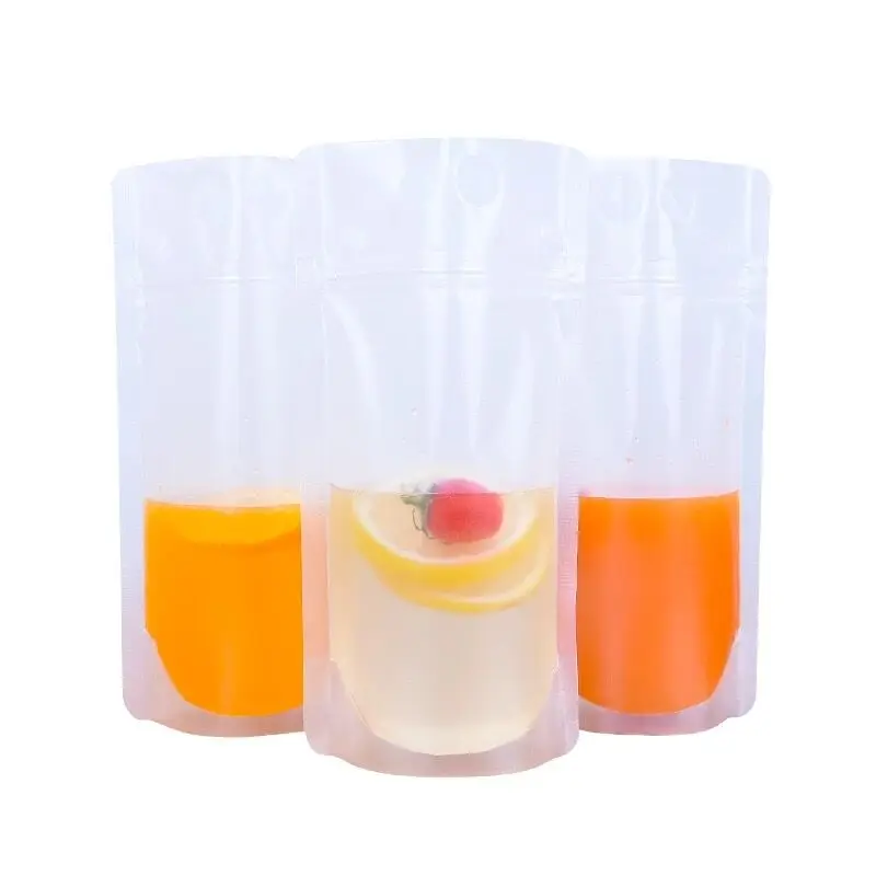 100pcs New 450-500ml Frosted Plastic Drinking Bag Beverage Juice Milk Coffee Pouch with Convenient Handle and Holes