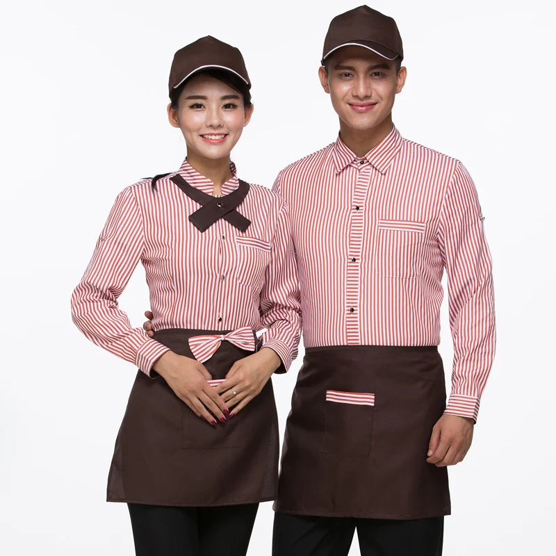 2023 Spring and Summer New Uniforms Cake Coffee Shop Adjusted Sleeve Uniform Shirt With Tie Bow Apron Set Hotpot Waiter Workwear