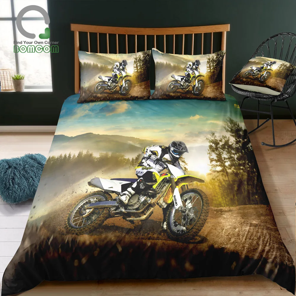 

BOMCOM 3D Digital Printing bedding set motorbike rider motocross wild field dust mountain Duvet Cover Set 100% Microfiber