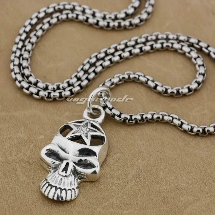 LINSION 925 Sterling Silver Start Skull Mens Biker Punk Pendant 9H020