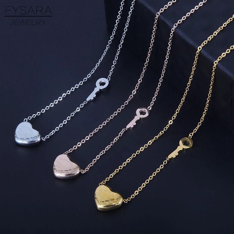 FYSARA Couple Forever Love Letter Short Necklace For Women Heart Key Pendant Necklace Stainless Steel Statement Clavicles Collar