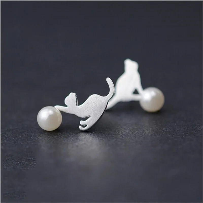 Hot Beautiful Distinguished Noble 925 Sterling Silver Jewelry Cute Animal  Pearl Cat Female Earrings   E077