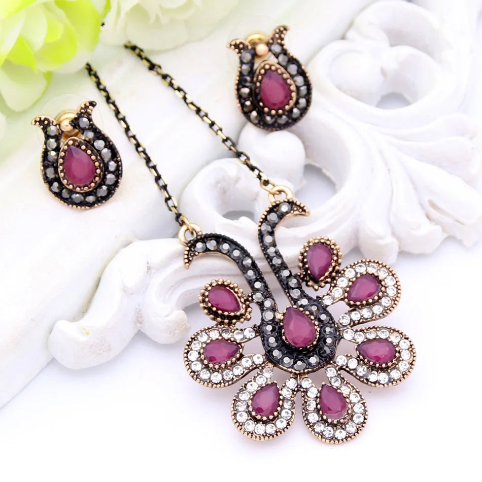 Vintage Turkish Flower Jewelry Sets For Women Antique Gold Color Rhinestone Pendant Necklace Stud Earring Ethnic Wedding Bijoux