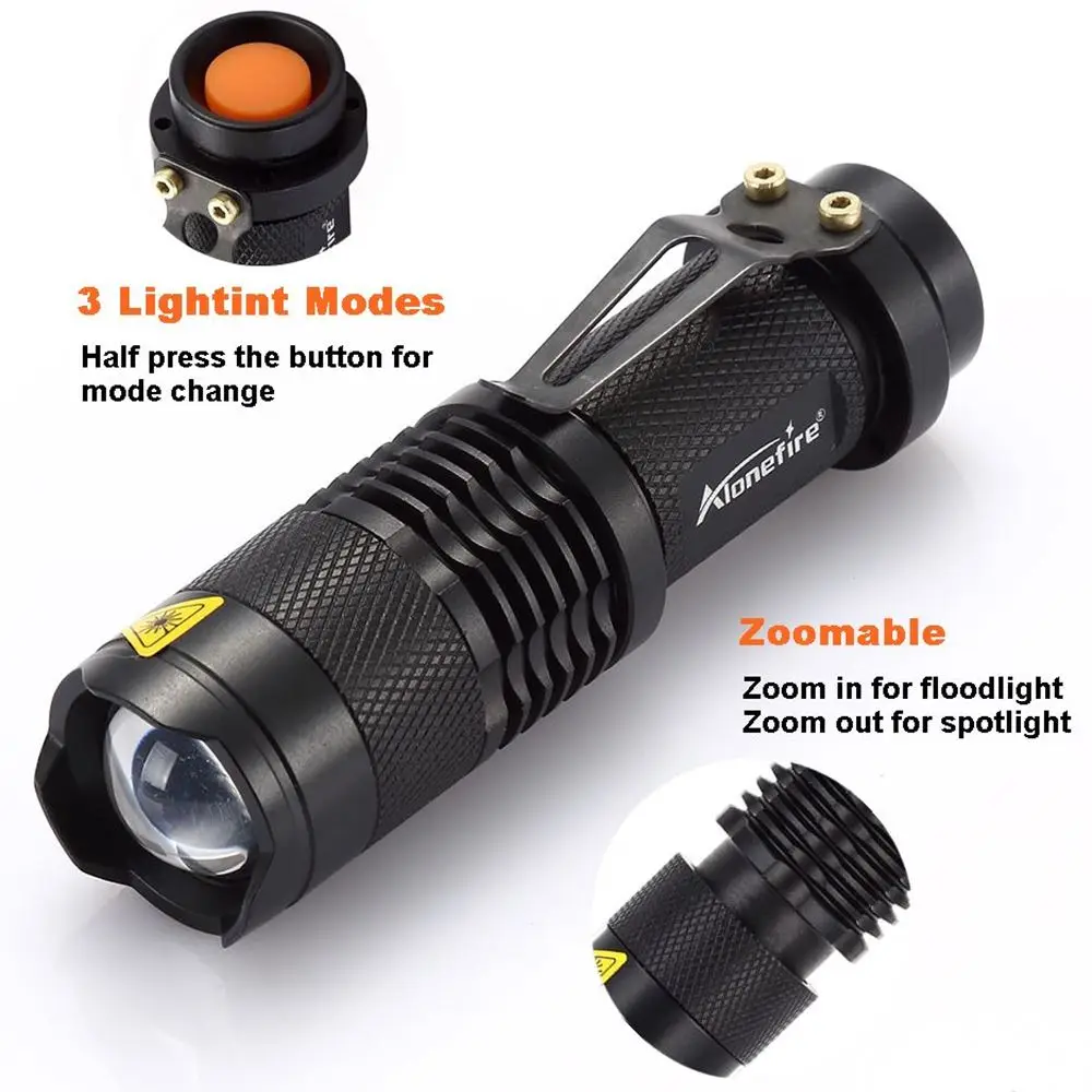 Imagem -04 - Alonefire Sk68 Mini Lanterna 2000lm Xpe q5 Led Alumínio Zoom Tocha Lâmpada de Acampamento à Prova Impermeável Água Penlight Zaklamp aa 14500 Bateria