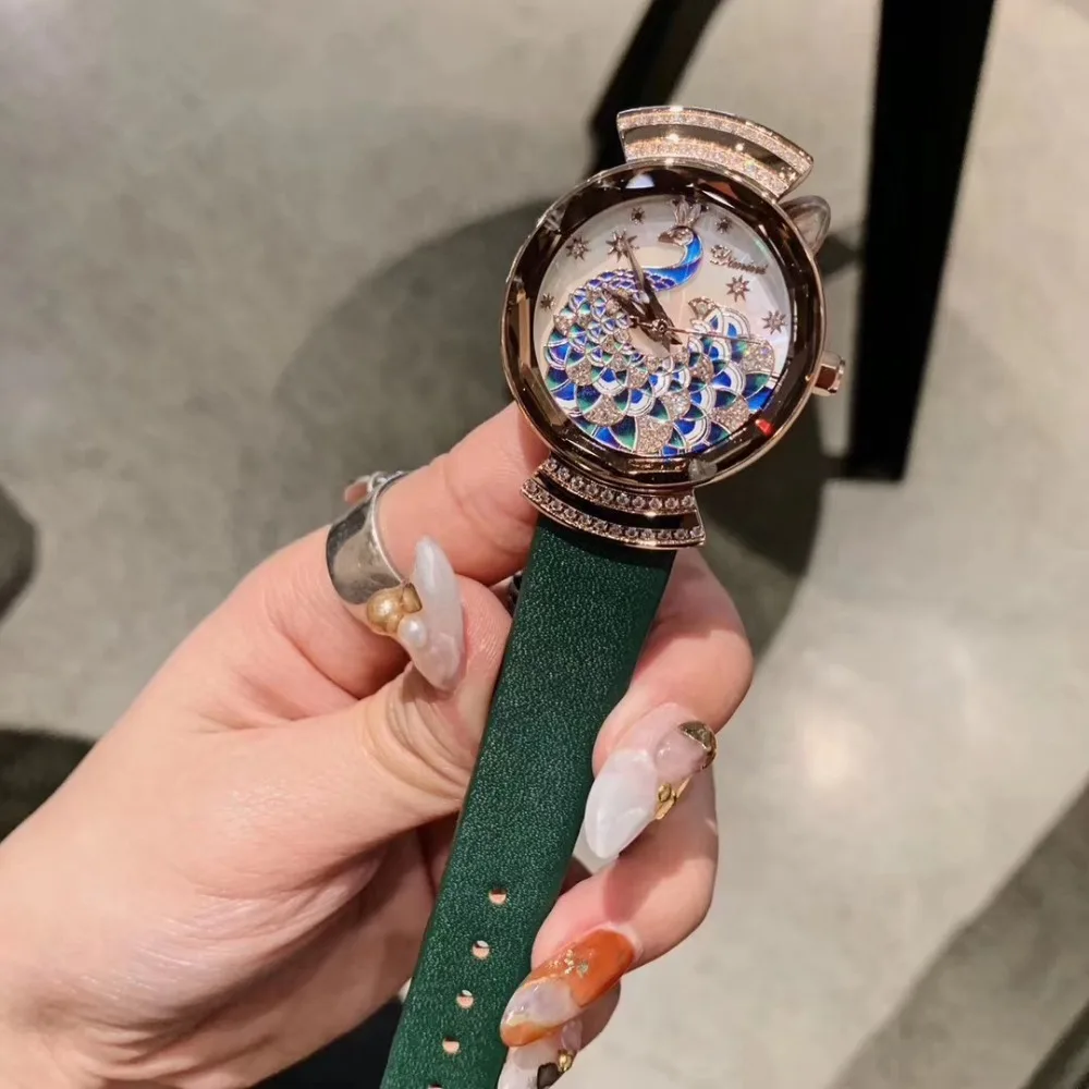 Noble Elegant Women Peacock Watches Enamel Vintage Party Statement Watch Handmade Painting Crystals Wrist watch Leather Montre