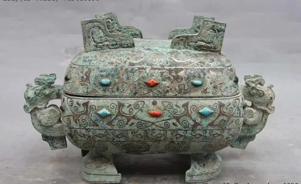 Chinese Dynasty Bronze Copper Silver-Gilt Two Dragon Lug Oblong Pot Box Jug Jar