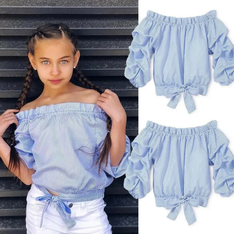 PUDCOCO Hot Newborn Toddler Baby Kid Girl  Blue&White Striped Long Sleeve Ruffles Off-Shoulder T-shirt Blouse Tops Clothes 3-11T