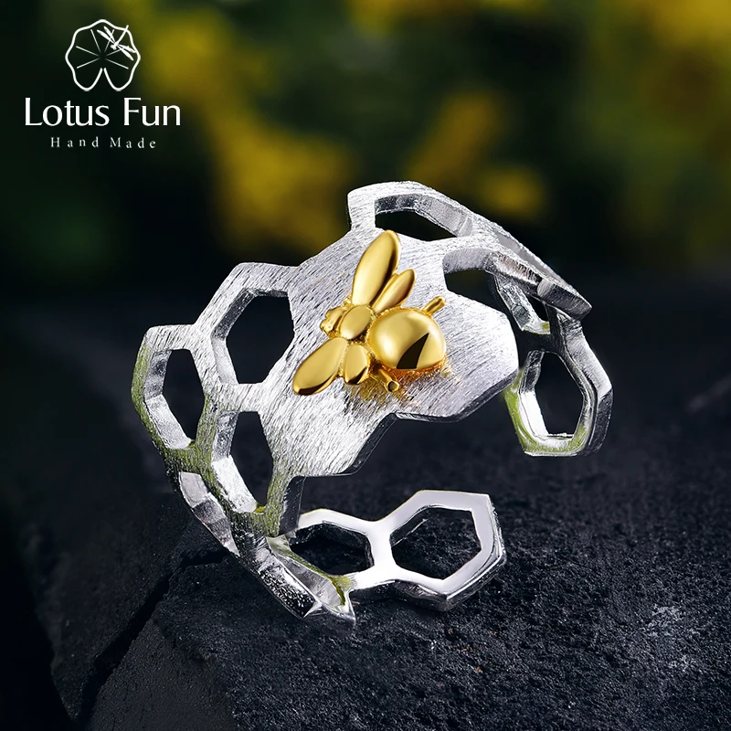 

Lotus Fun Real 925 Sterling Silver 18K Gold Bee Rings Natural Designer Fine Jewelry Home Guard Honeycomb Open Ring for Women