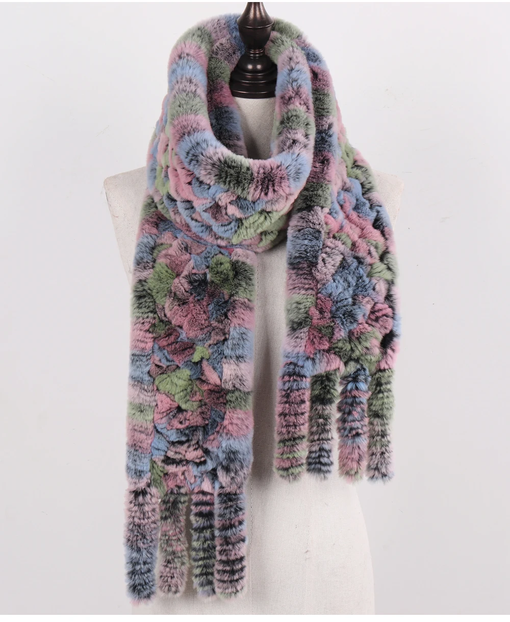 Neue Damen-Schals aus 100% natürlichem Rex-Kaninchenfell, langer Stil, gestrickte Rex-Kaninchenfell-Quastenschals, warme Echtfell-Schals für den Winter. – Detail 38
