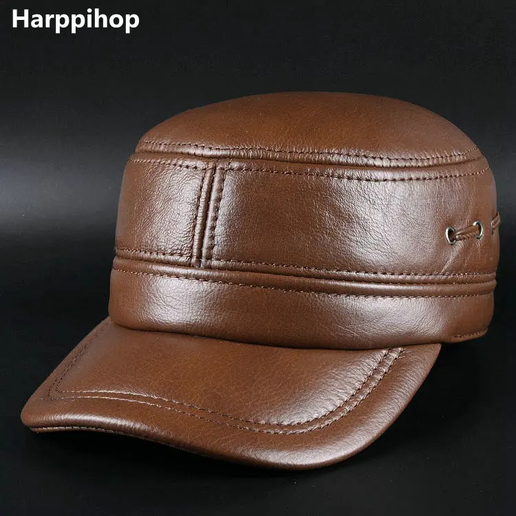 Harppihop genuine leather men baseball cap hat high quality men's real cow skin leather adult solid army hats caps