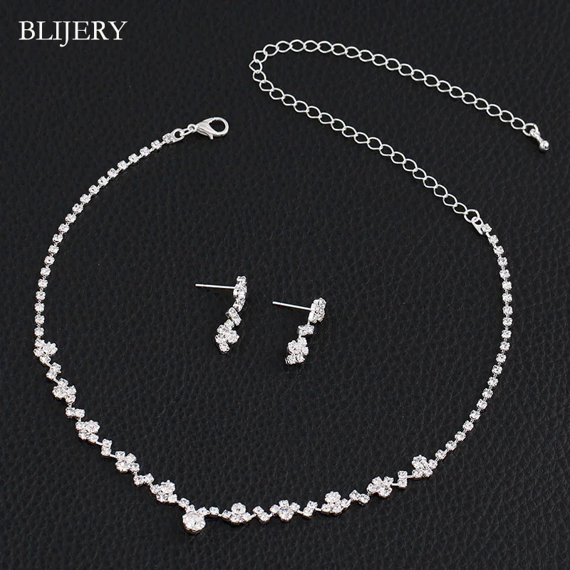 BLIJERY Silver Plated Crystal Bridesmaid Bridal Jewelry Sets Geometric Choker Necklace Earrings for Women Wedding Jewelry Sets