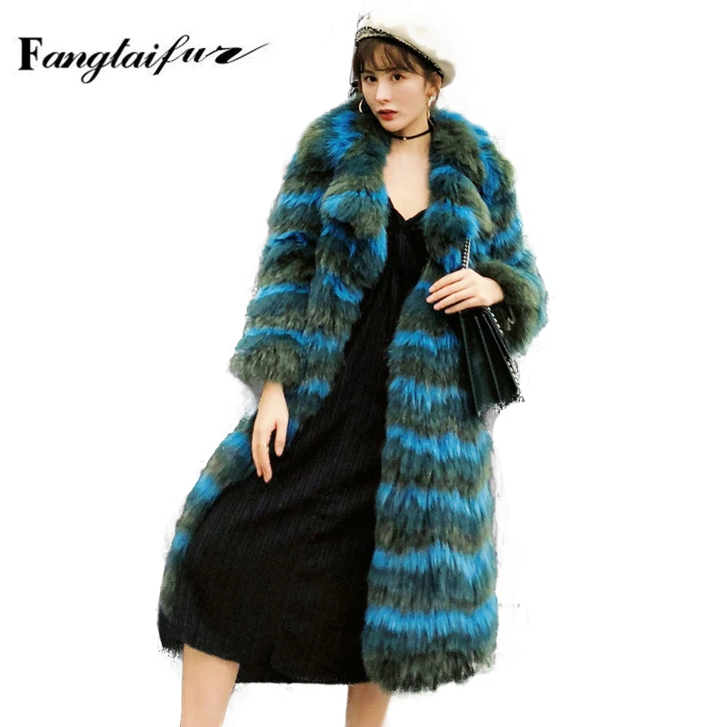 

Ftangaiur Winter Women Jacket Import Fox Fur Coat Slim Turn-Down Collar Striped Fox Fur Coats Causal Real X-Long Fox Fur Coats