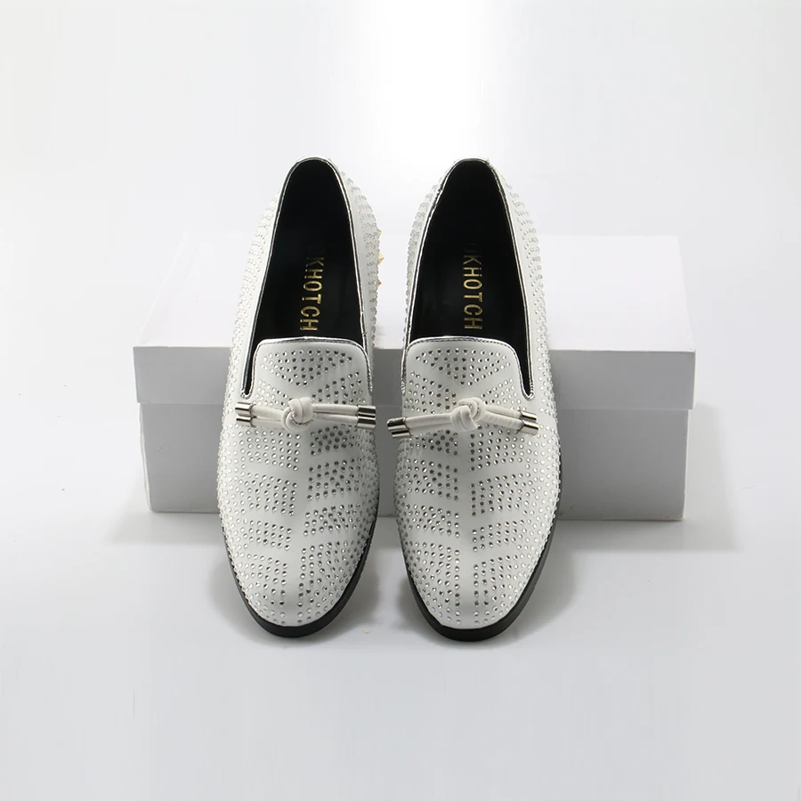 White Genuine Leather Men\'s Shoes Rhinestone Studded Casual Shoes Crystal Loafers Mens Party Dress Shoes Espadrilles Flats