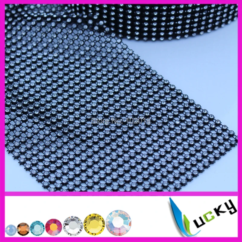 Free shipping! 5 yards black plastic base 24 rows rhinestone trim with high quality clear strass crystal mesh chains