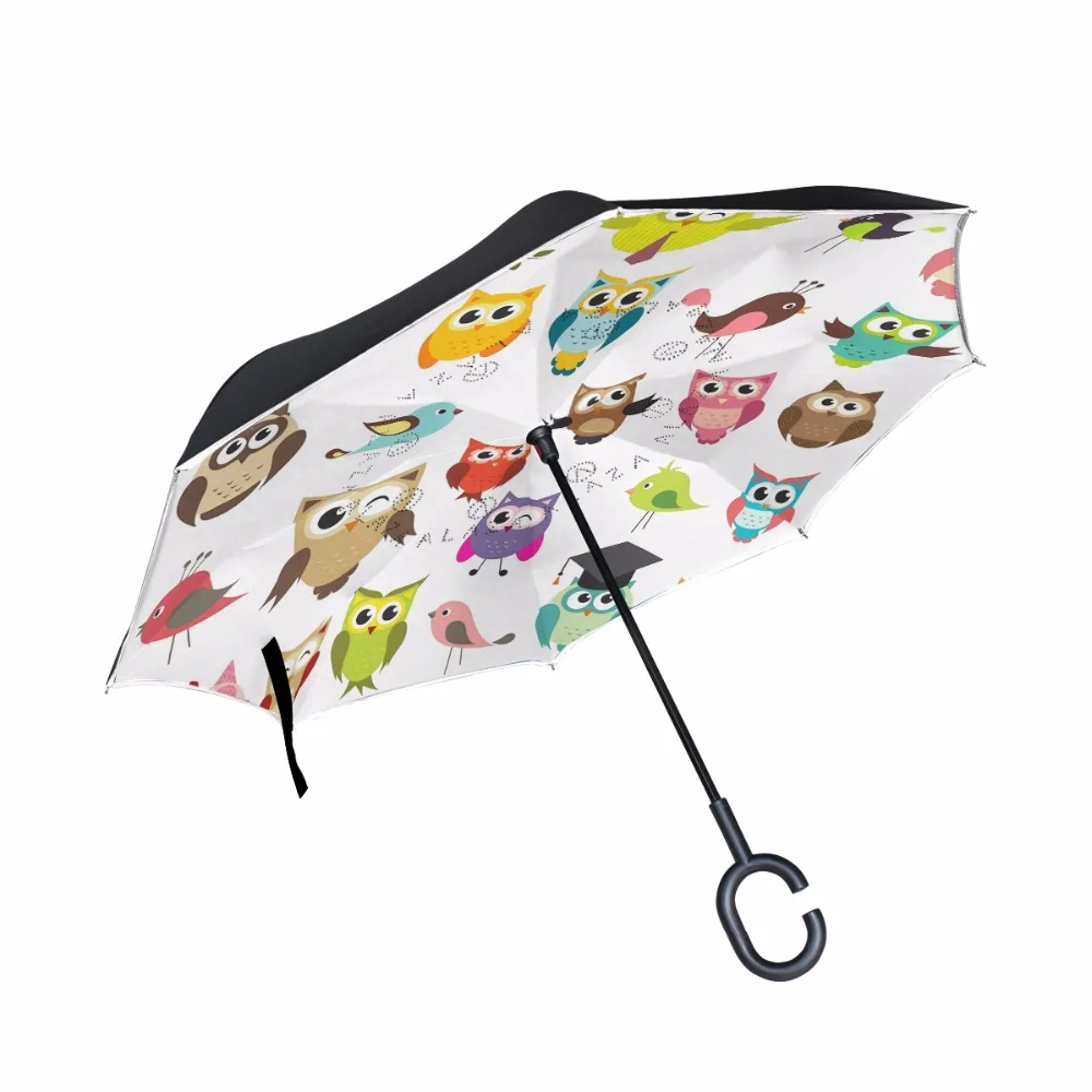 

Cute Owls Print Windproof Sun Rain Reverse Umbrella Creative Fashion Customized Double Layer Self Stand Protection Umbrella