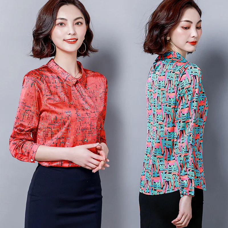 Women\'s Shirt Clothes Spring Summer Printed Silk Turn Down Top Female Long Sleeve Casual Plus Size Office Ladies Blouses H9091