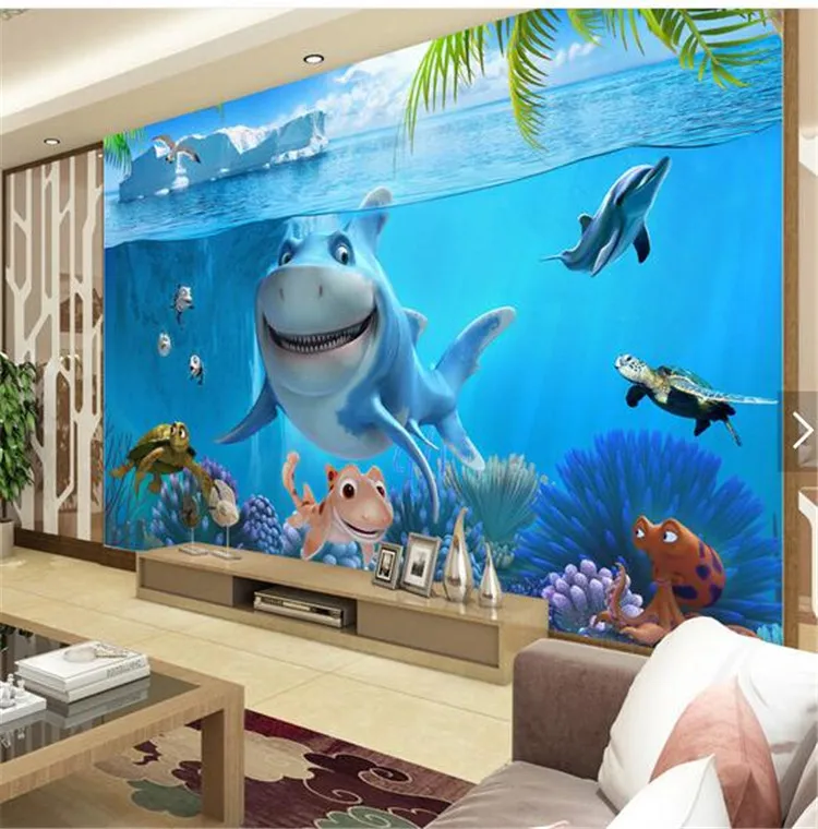 

Home Decor Wallpaper paper photography underwater world of cartoon shark Restaurant Kindergarten children's room 3d wall mural