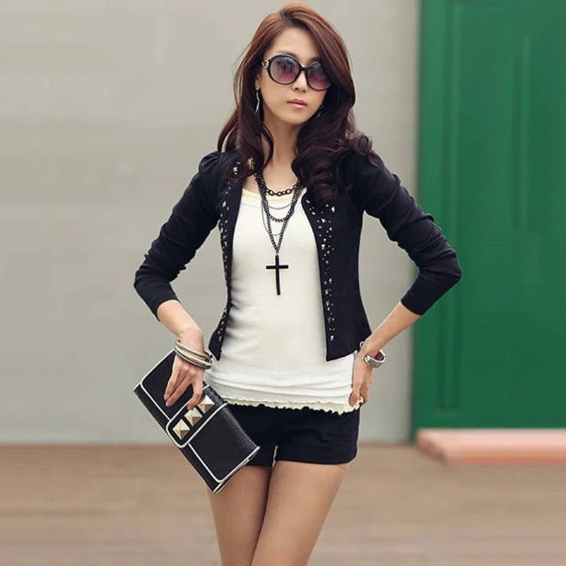 Women Blazers And Jackets Ladies Slim Long Sleeve Black White Suits Short Blazers Rivet Fashion Casual Blazers Office Female