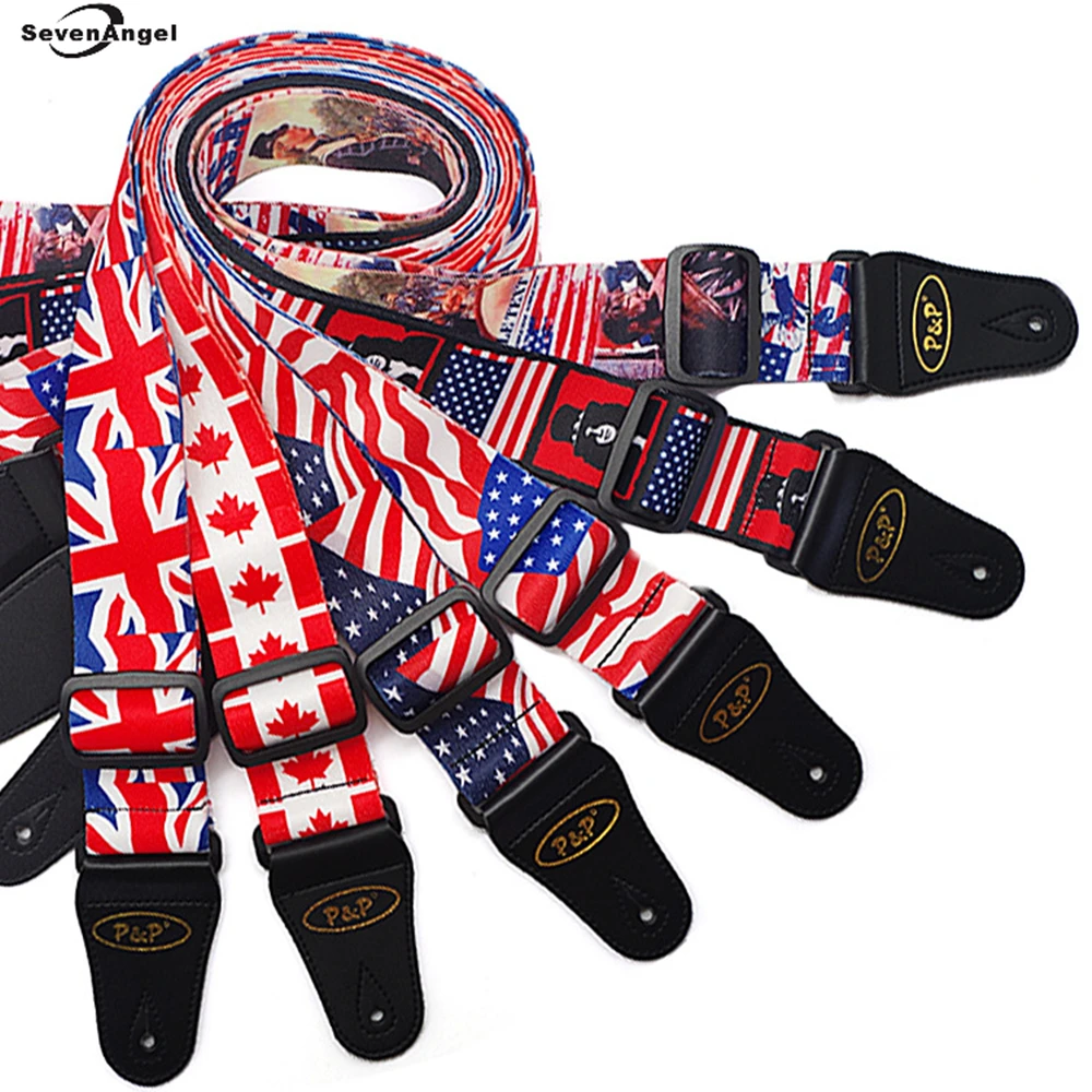 Adjustable Guitar Strap New National Flag USA UK Canada Slash Design Cotton 2' Bass Acoustic Electric Guitar Strap Leather Ends