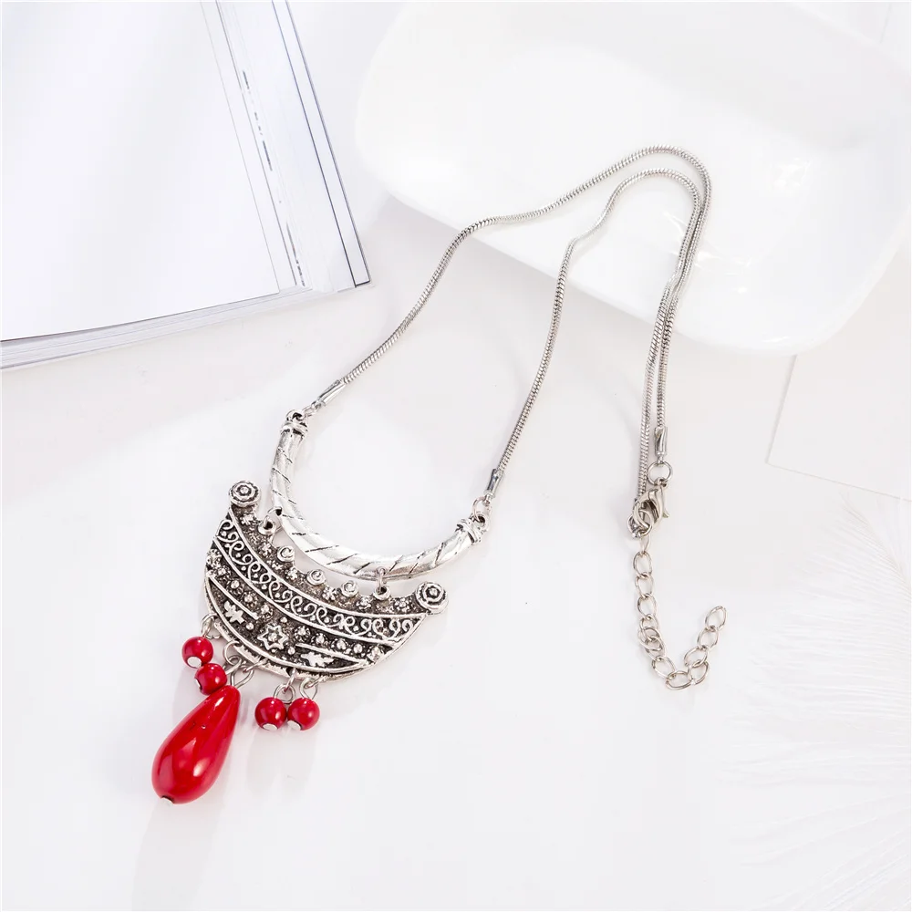 HOCOLE Fashion New Women Ethnic Style Red Beads Flowers Choker Necklace Vintage Snake Chains Statement Necklace Bohemia Jewelry