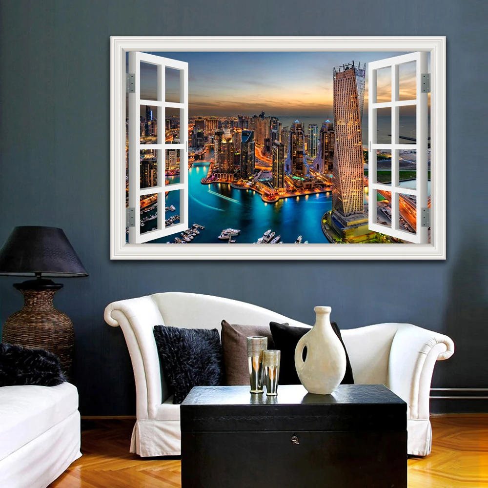 3D Window View Wall Sticker, Night City Landscape Decal, Vinyl Wallpaper Peel and Stick, Home Decor, Living Room