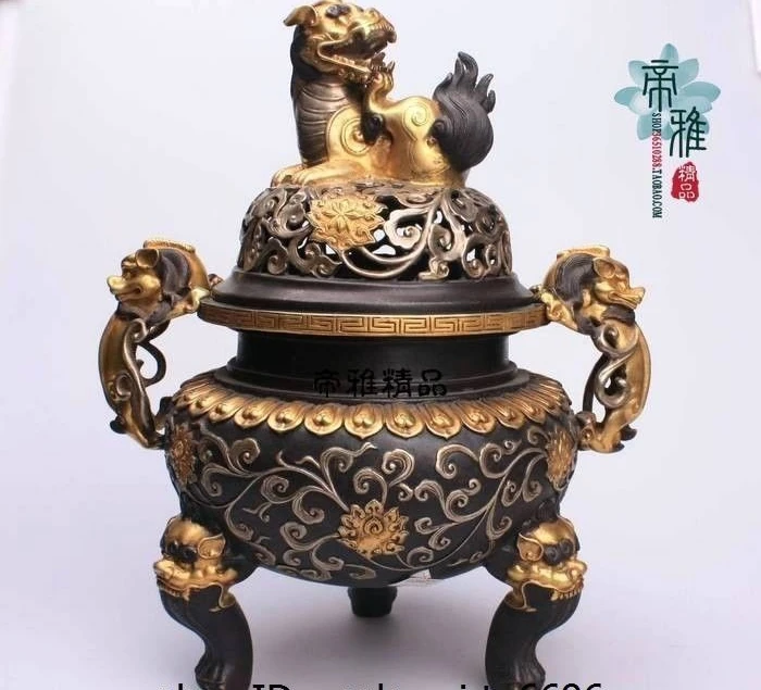 China Royal Copper 24K Gold Gild Silver-gilt Foo Dog Lion Incense Burner Censer