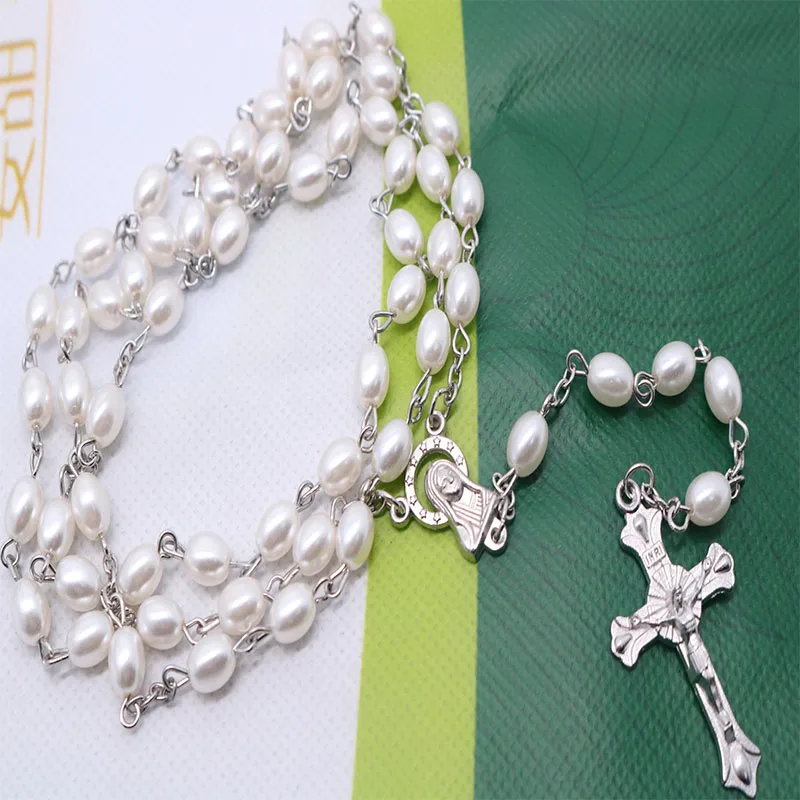 Crystal Pearl White Rosary Cross Crystal Necklace. Star Maria Christ\'s Cross Prayer Necklace. 8x9mm