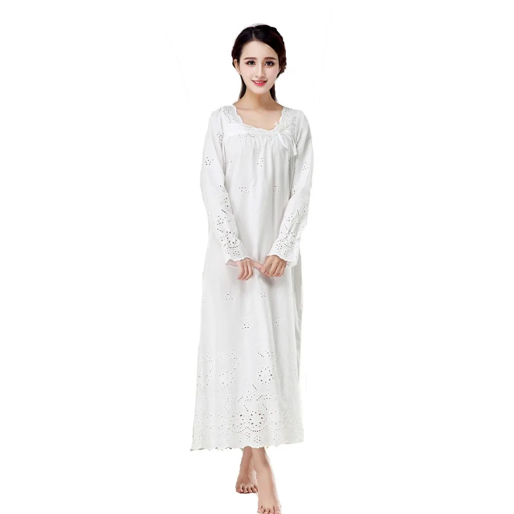 

Palace Style Nightgown Women 100% Cotton Long Sleeve Embroidery lengthen Sleepshirt Noblest Princess Lengthen Dress Home Wear