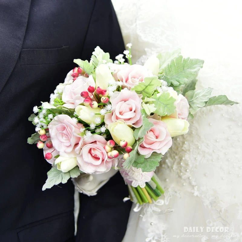 

New High simulation artificial PU rose flower bridal bouquet wedding bouquet forest party bride's holding flowers pink green