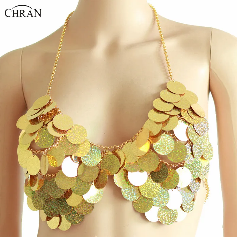

Chran Sequin Bralette Mesh Chain Bra Festival Body Chain Beach Jewelry