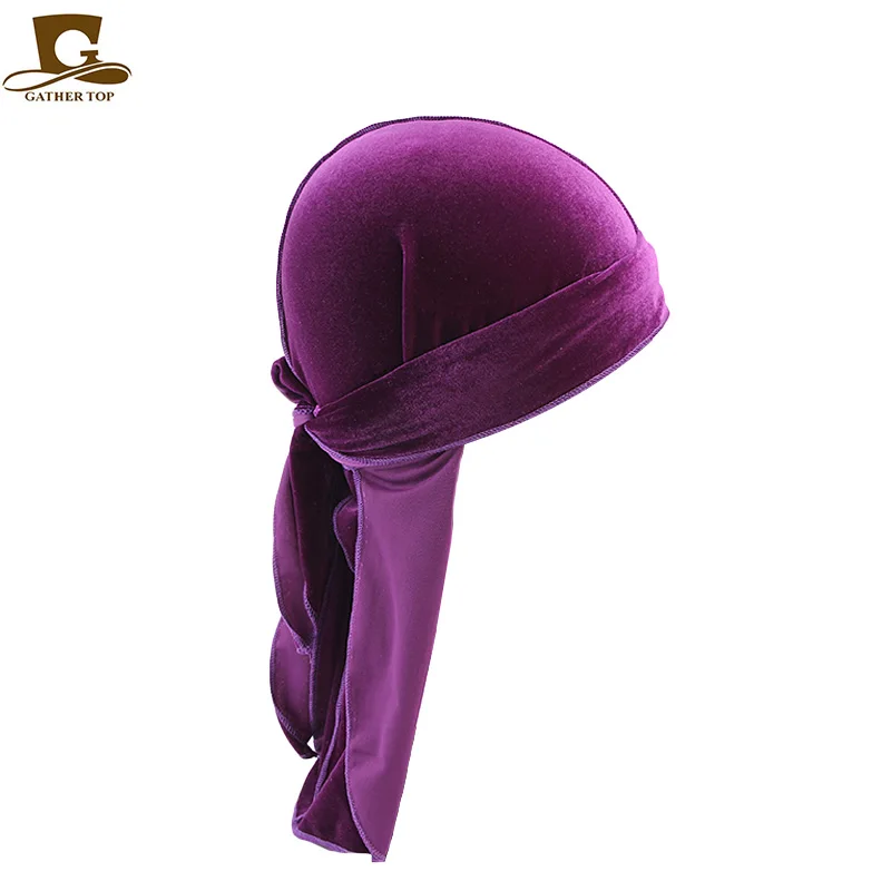 Unisex Long Men Women Velvet Breathable Bandana Hat silky Durag do doo du rag long tail headwrap chemo cap Solid Color Headwear