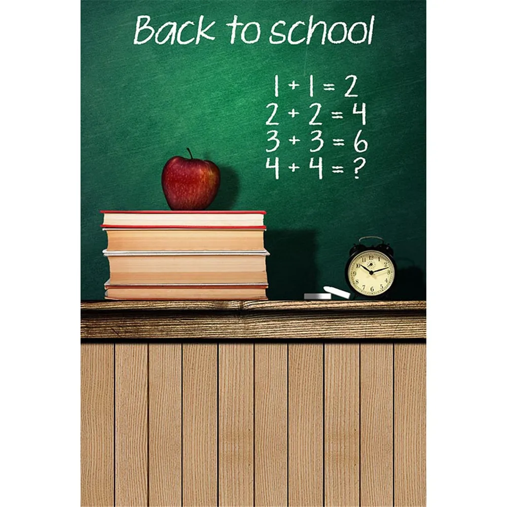 

Back to School Themed Photography Backdrop Printed Books Dark Green Blackboard Chalk Clock Baby Kids Photo Background Wood Floor