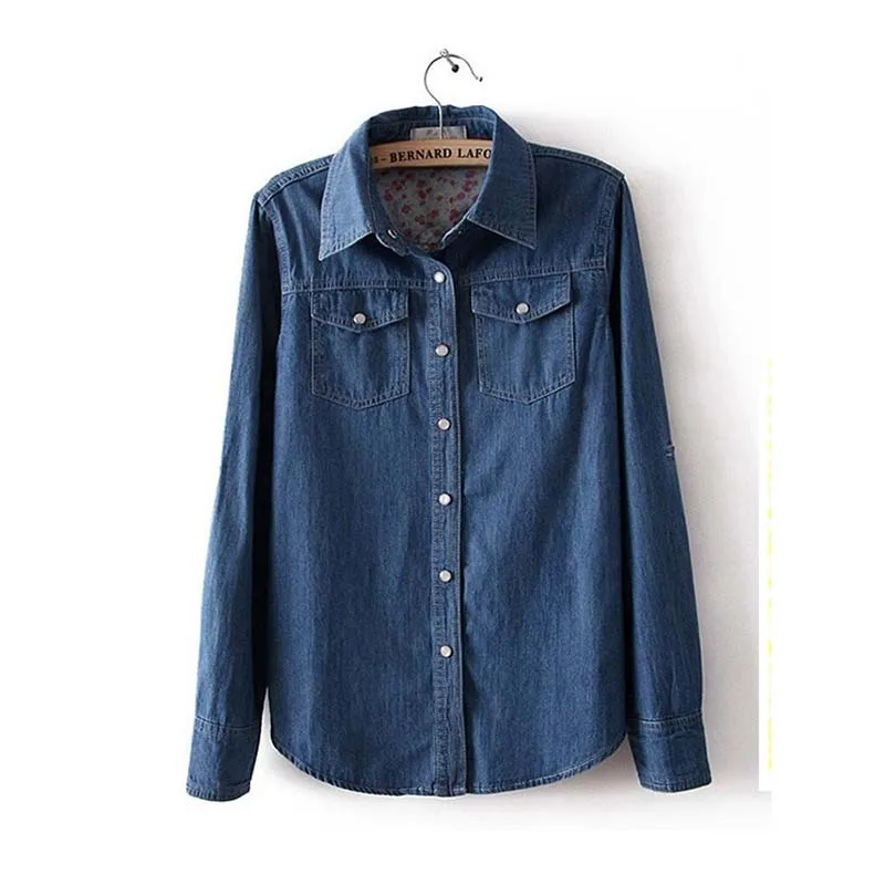 Primavera Autunno Coreano Donne di Grandi Dimensioni Denim Camicia Femminile Camicia A Maniche Lunghe di Colore Solido Cowboy Camicetta di Cotone