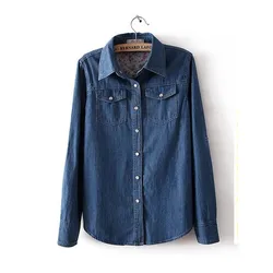 Spring Autumn Korean Large Size Women Denim Shirt Female Long Sleeve Shirt Solid Color Cowboy Blouse Cotton