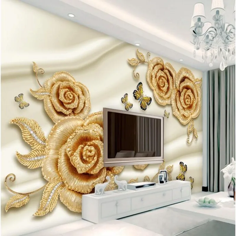 

wellyu Custom large fresco luxury 3d gold rose diamond butterfly jewelry TV background wall non - woven wallpaper