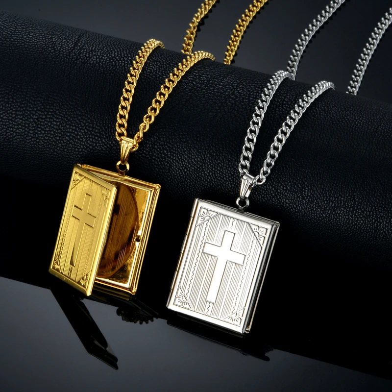 Fashion Cross Photo Locket Pendants Gold Silver Color Stainless Steel Christian Necklace For Women Men Religious Jewelry Gift