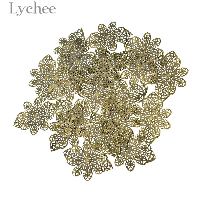 Lychee Life 20pcs Metal Filigree Flowers Slice Hollow Bowknot Scrapbooking Embellishment DIY Album Decoration Supplies