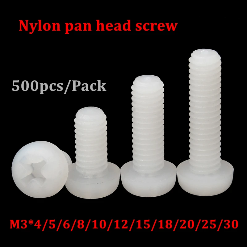 500pcs M3 Nylon Cross Recessed Pan Head Screws Plastic Spacer Phillips Screw M3*4/5/6/8/10/12/15/20/25mm