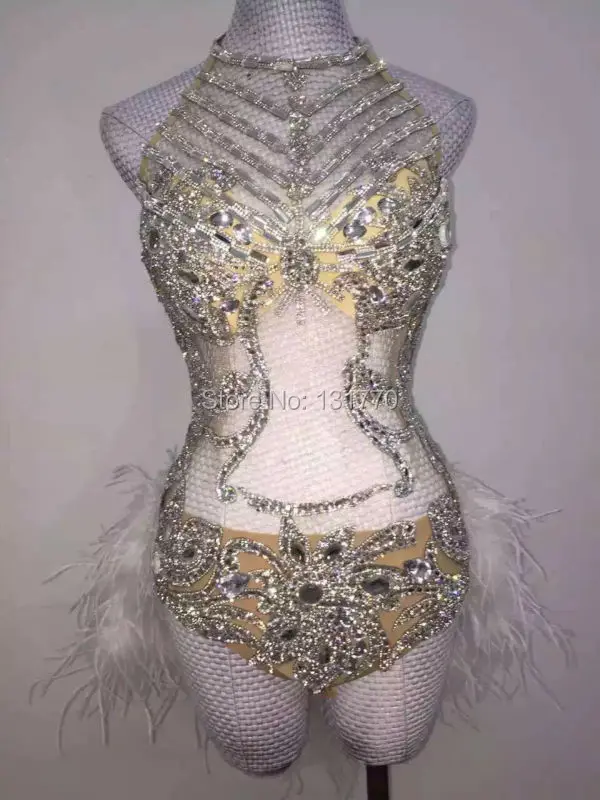 Glisten Argento Paillettes Tuta Strass Piuma Body Costume Di Compleanno Celebrare Vestito Delle Donne di Usura di Prestazione Della Fase