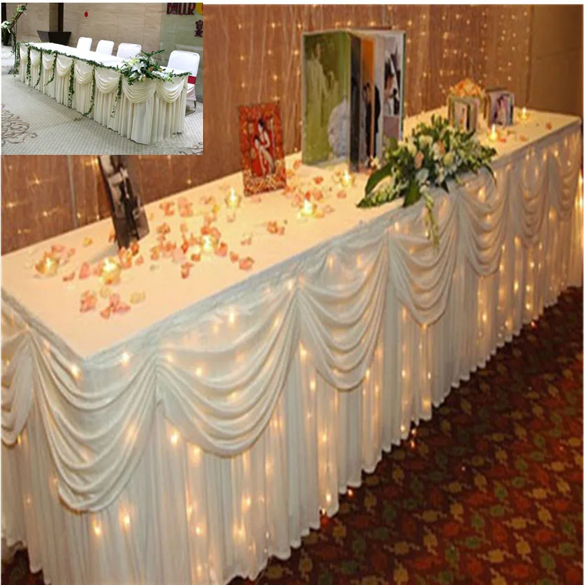 

2025 Style New White Ice Silk Solid Table Skirt for Wedding Decoration Table Skirting 20ft (6M) length