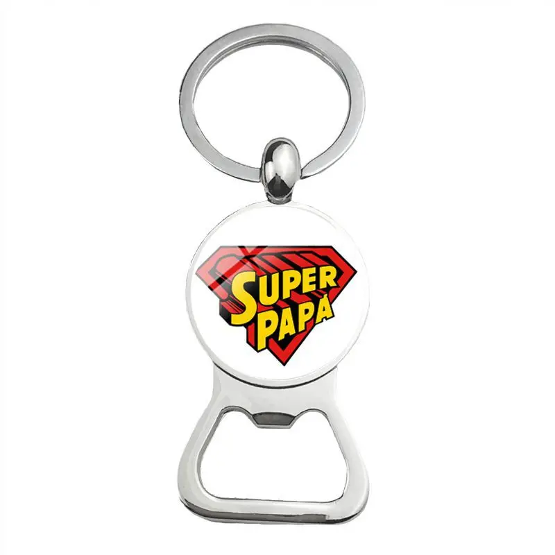 Silver Plated Glass Cabochon Key Chain Jewelry Love Gifts For Father Cute Super Papa Dad Beer Bottle Opener Keychain