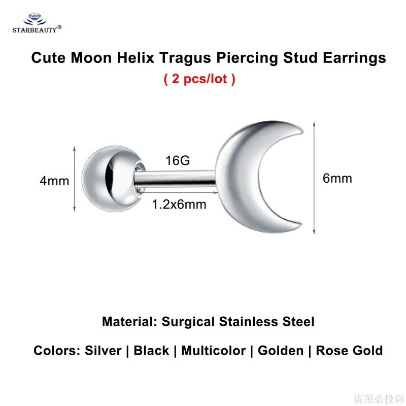 Starose 2 pcs/lot 18G 6mm Tiny Moon Ear Jewelry Stud Earrings Tragus Piercing Helix Piercing Oreja Cartilage Earring Pircing